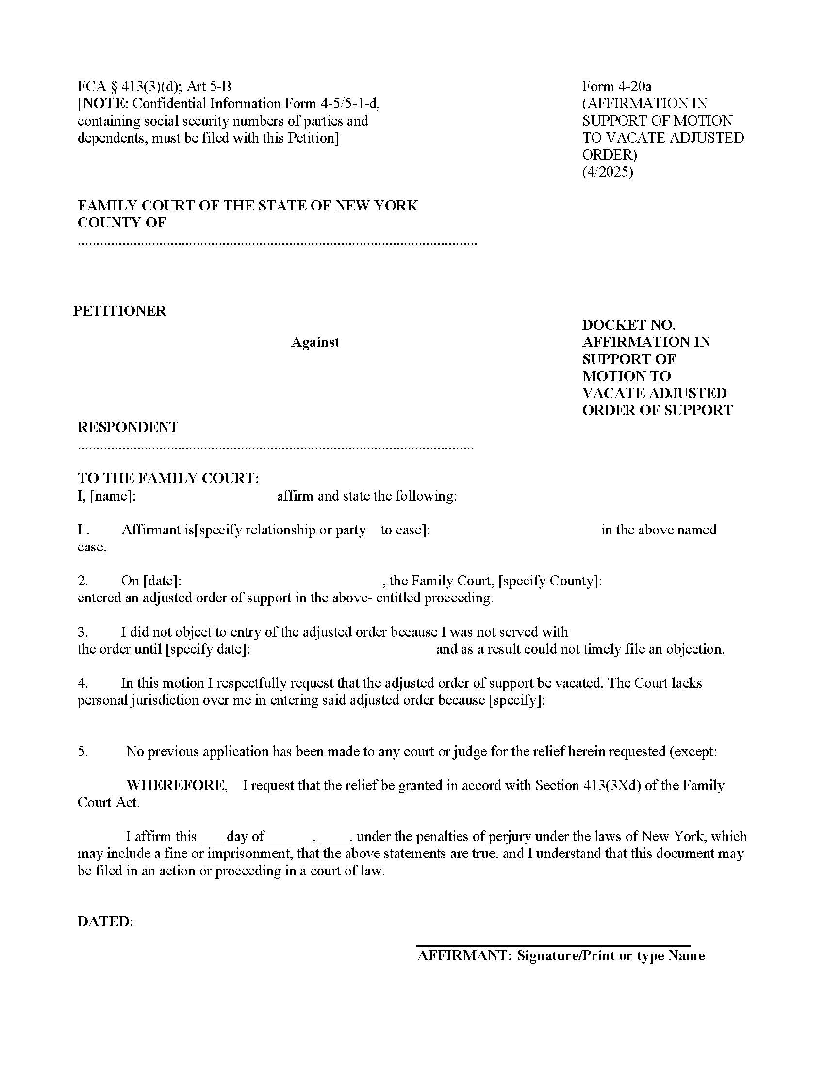 Affidavit In Support Of Motion To Vacate Adjusted Order Of Support {4-20a} | Pdf Fpdf Doc Docx | New York