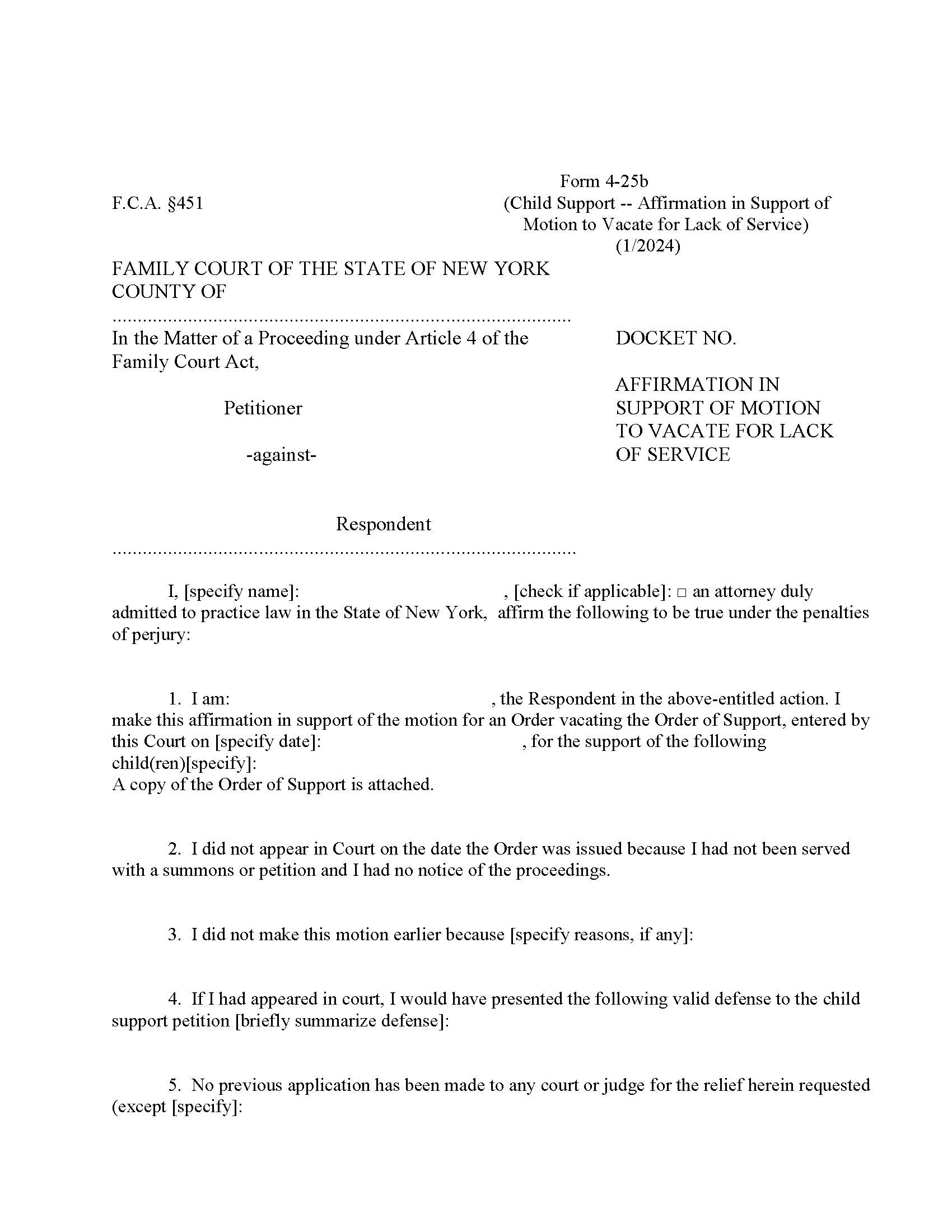 Affidavit In Support Of Motion To Vacate For Lack Of Service {4-25b} | Pdf Fpdf Doc Docx | New York