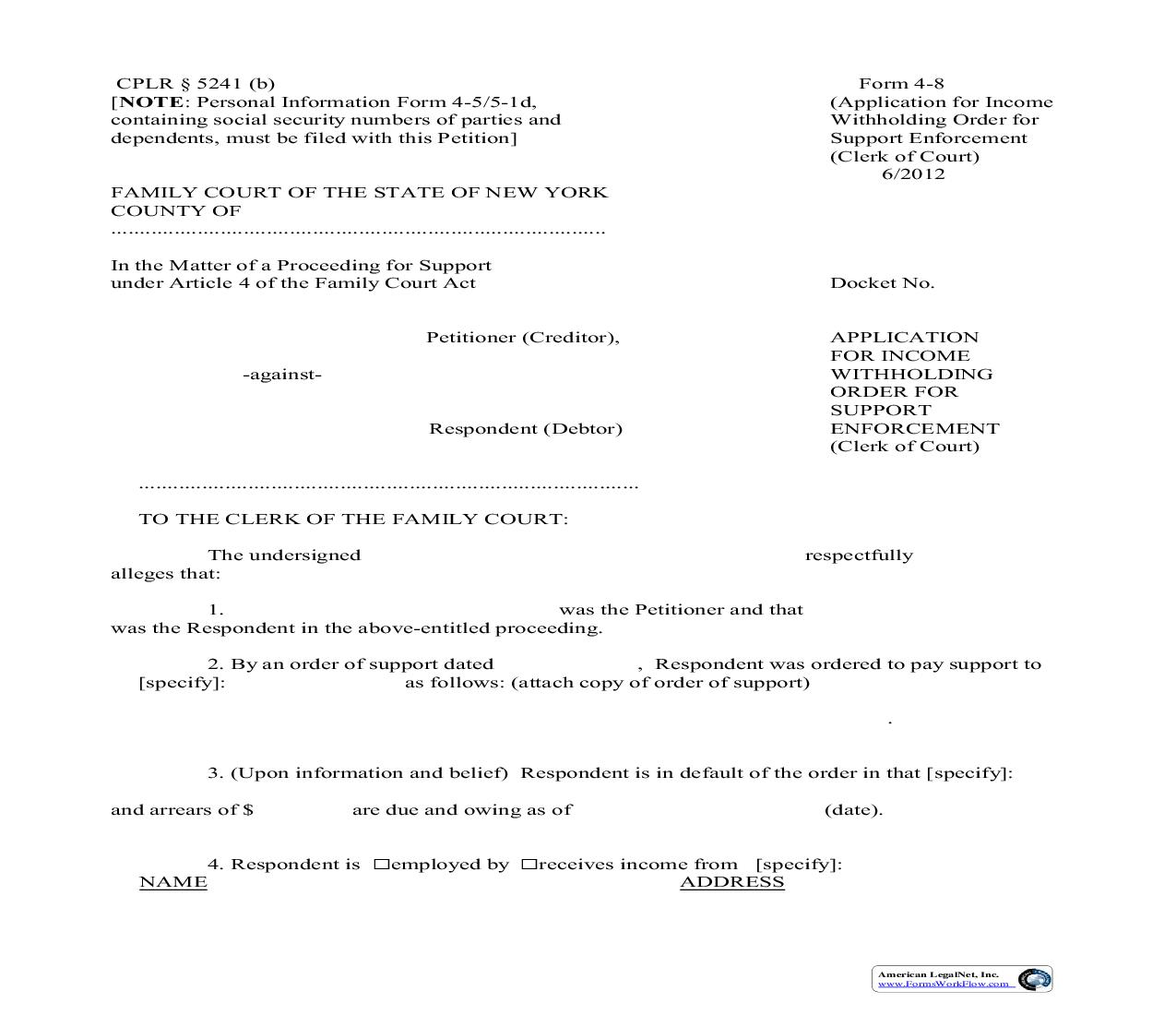 Application For Income Execution For Support Enforcement (Clerk Of Court) {4-8} | Pdf Fpdf Doc Docx | New York