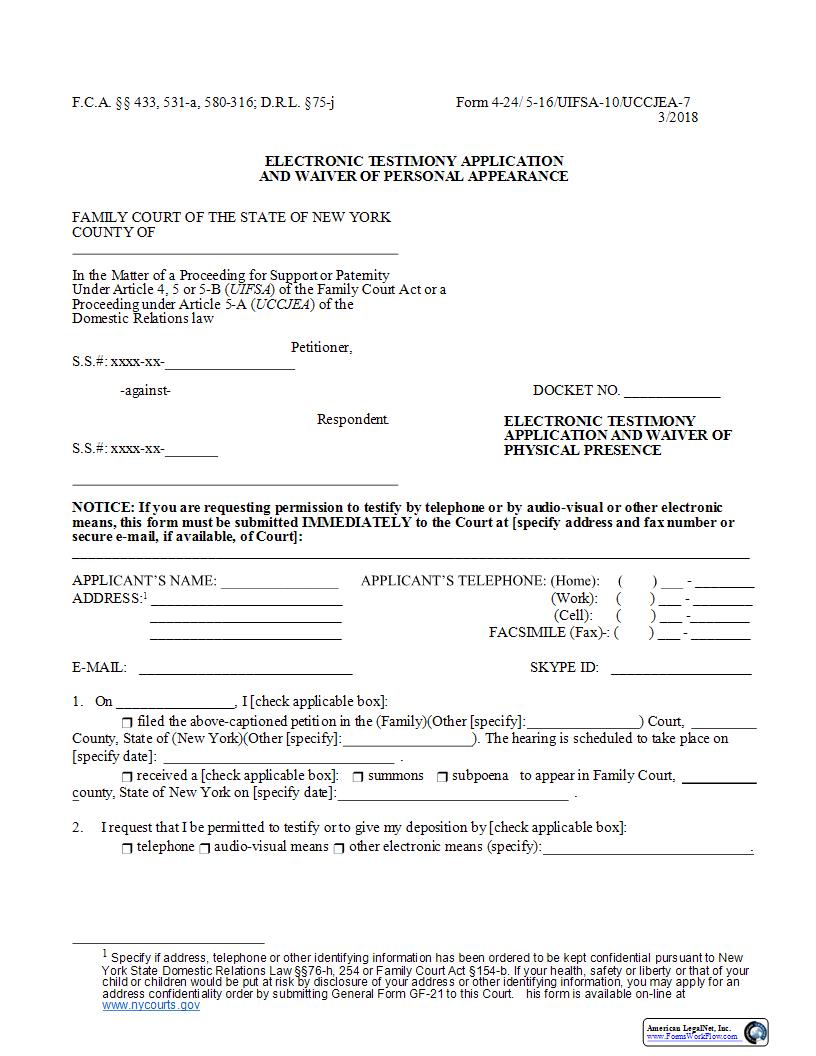 Electronic Testimony Application And Waiver Of Personal Appearance {4-24} | Pdf Fpdf Docx | New York