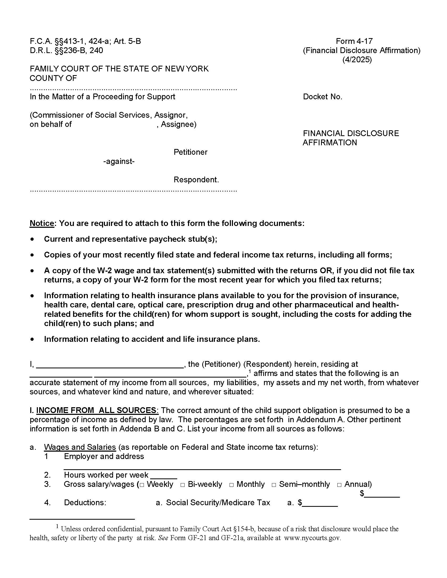 Financial Disclosure Affirmation {4-17} | Pdf Fpdf Doc Docx | New York