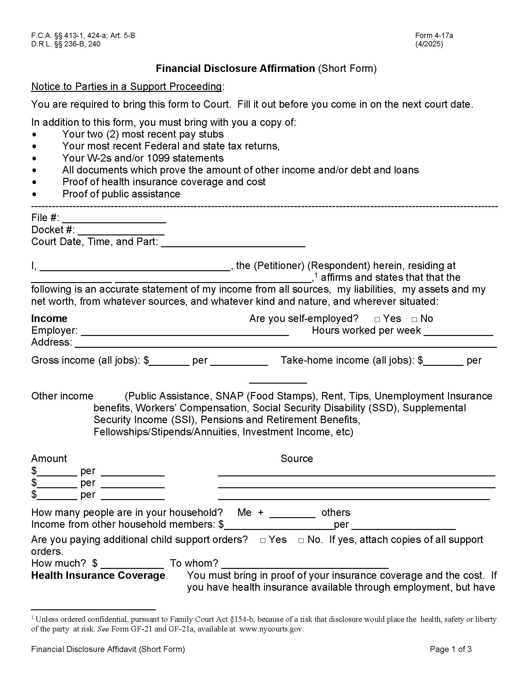 Financial Disclosure Affirmation (Short Form) {4-17a} | Pdf Fpdf Docx | New York