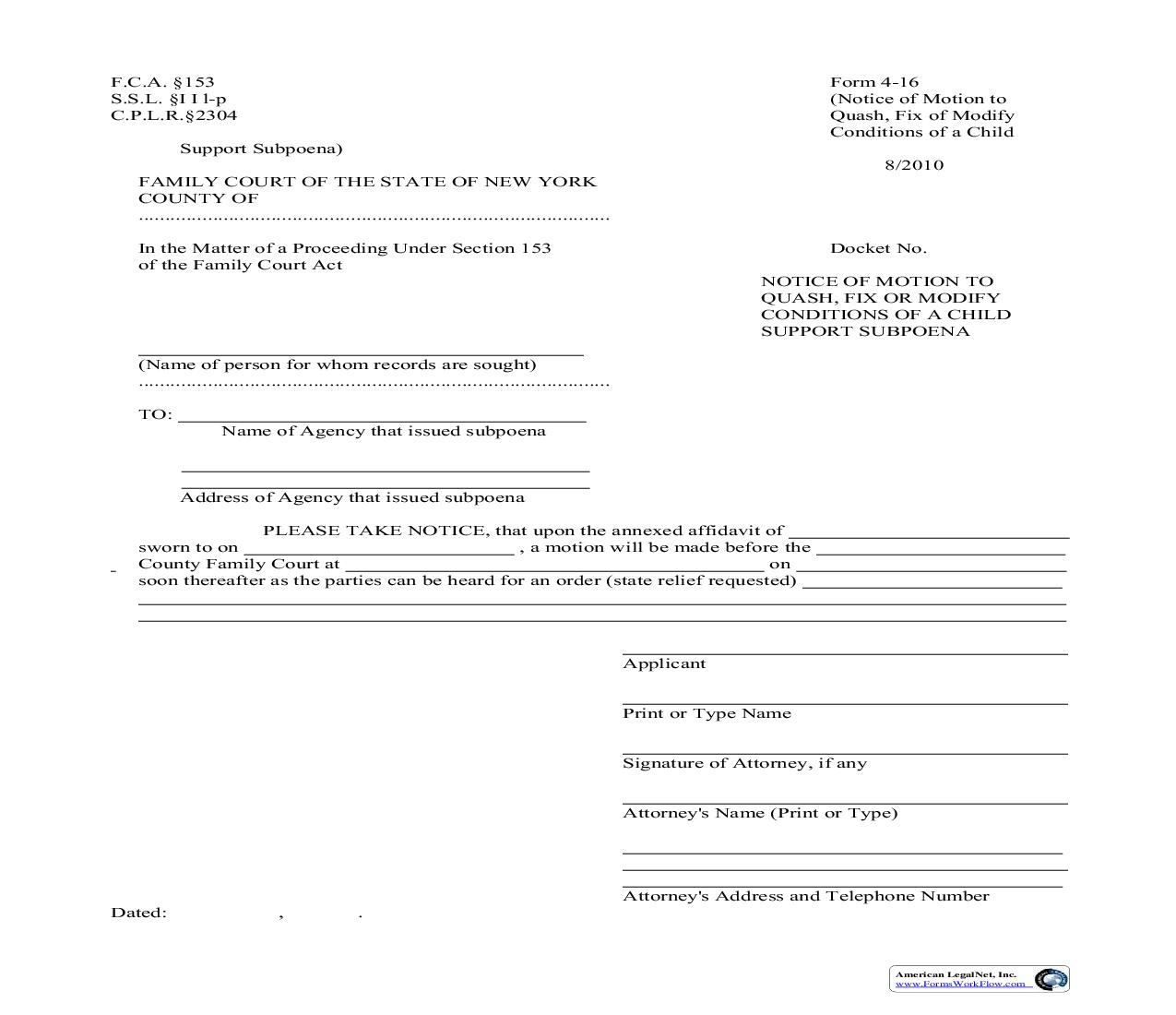 Notice Of Motion To Quash Fix Or Modify Conditions Of A Child Support Subpoena {4-16} | Pdf Fpdf Doc Docx | New York