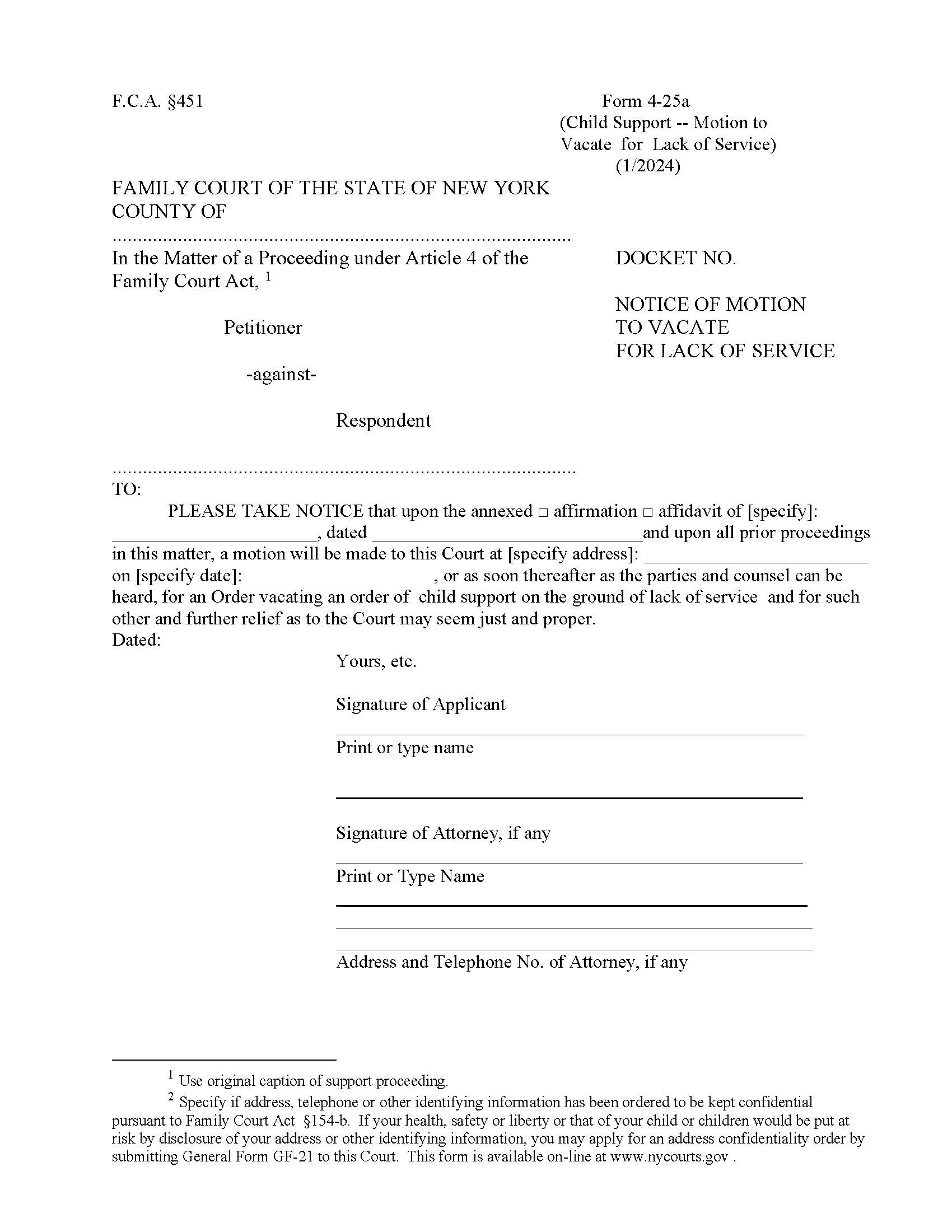 Notice Of Motion To Vacate For Lack Of Service {4-25a} | Pdf Fpdf Doc Docx | New York