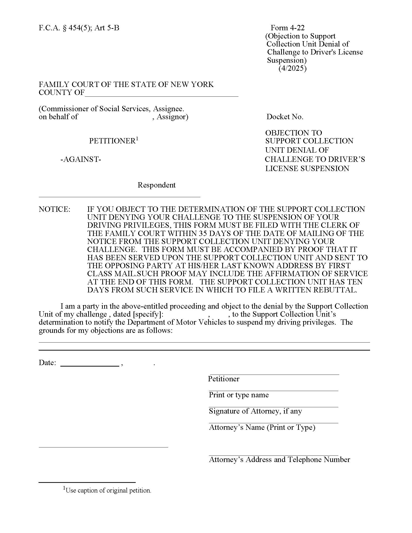 Objection To Support Collection Unit Denial Of Challenge To Drivers License Suspension {4-22} | Pdf Fpdf Doc Docx | New York