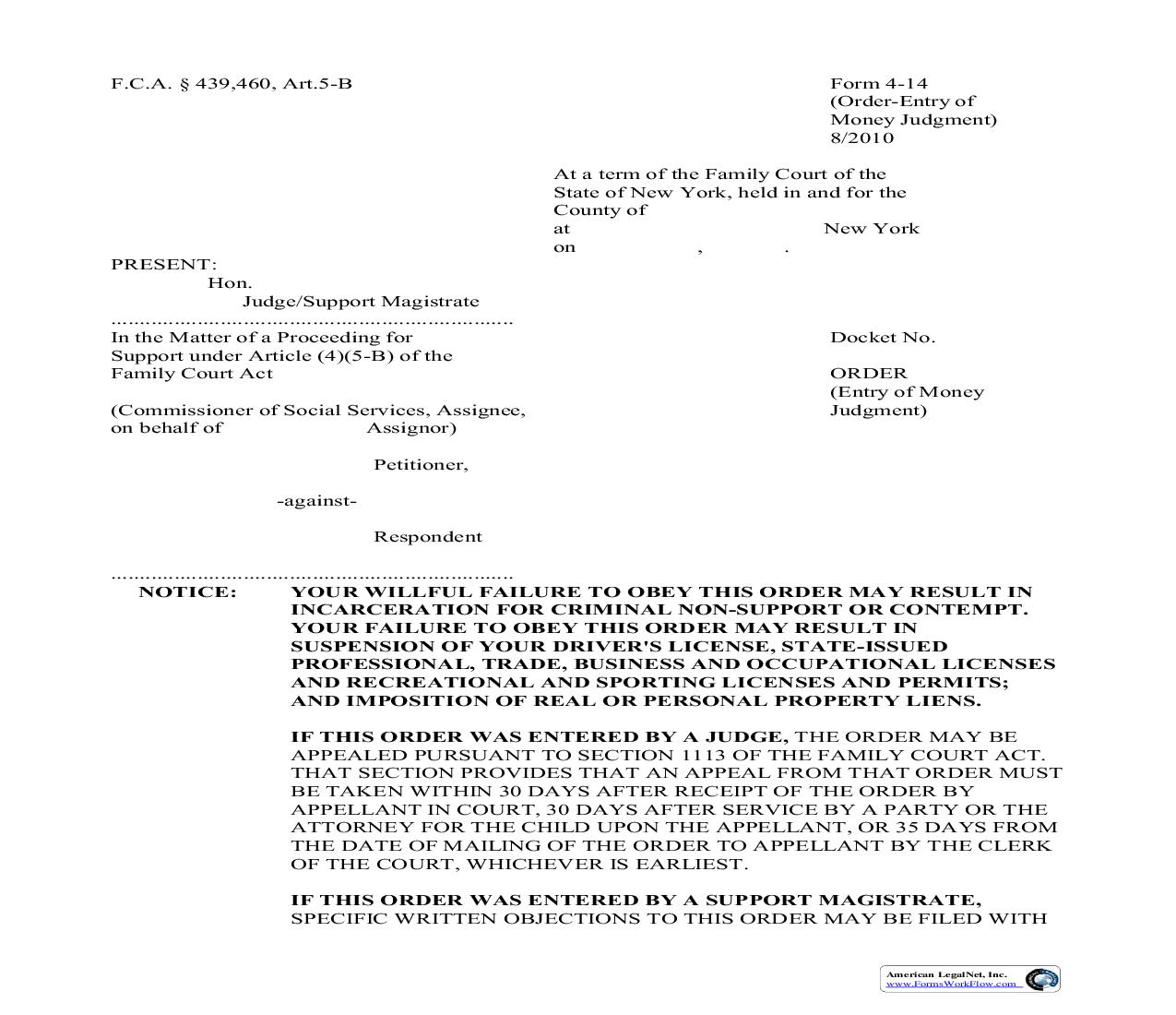 Order (Entry Of Money Judgment) {4-14} | Pdf Fpdf Doc Docx | New York