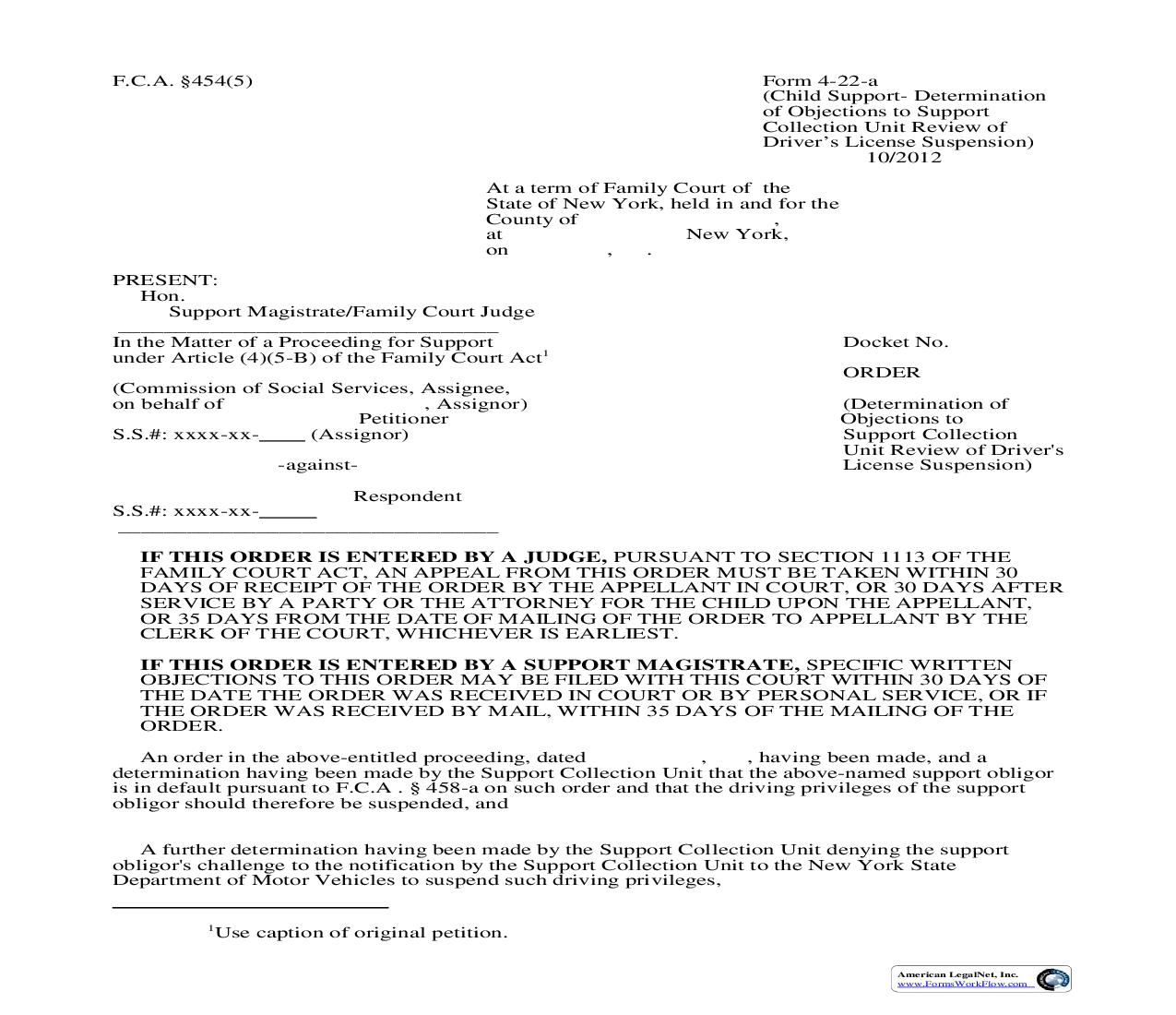 Order (Objections To Support Review Of Drivers License Suspension) {4-22a} | Pdf Fpdf Doc Docx | New York