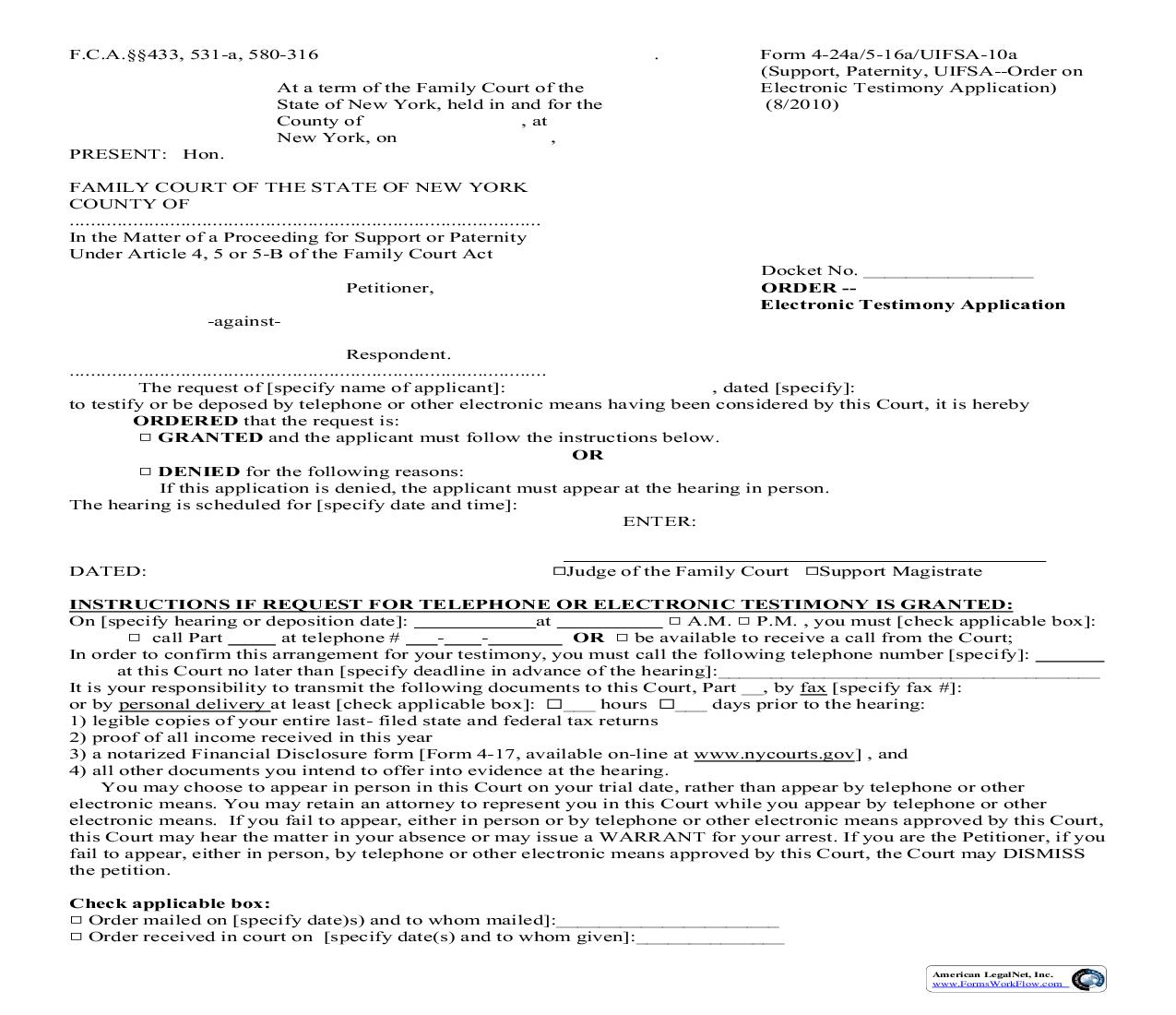 Order - Electronic Testimony Application {4-24a} | Pdf Fpdf Doc Docx | New York
