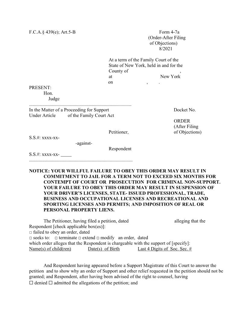 Order After Filing Of Objections {4-7a} | Pdf Fpdf Doc Docx | New York