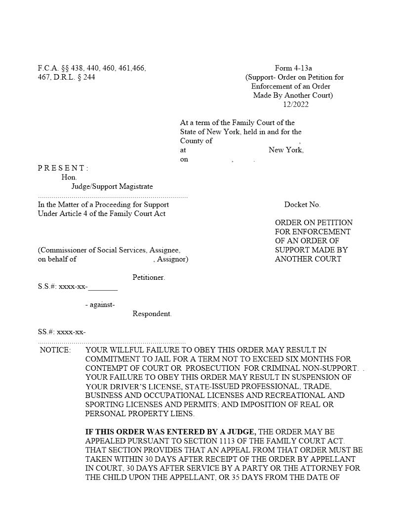 Order Enforcing An Order Of Support Made By Another Court {4-13a} | Pdf Fpdf Doc Docx | New York