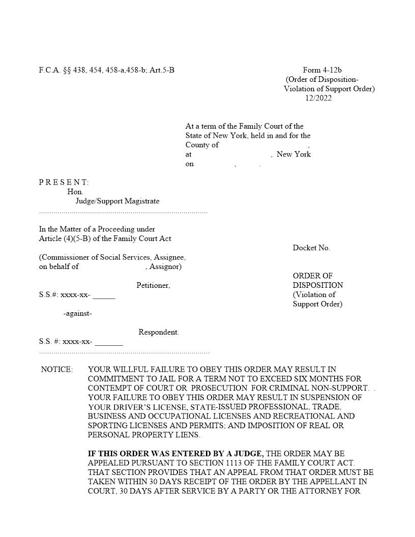 Order Of Disposition (Violation Of Support Order) {4-12b} | Pdf Fpdf Doc Docx | New York