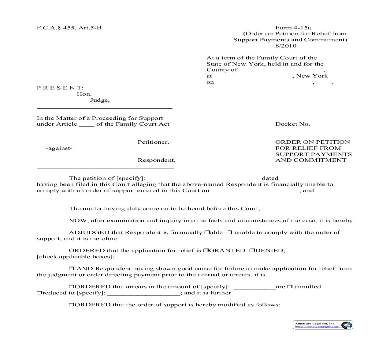 Order On Petition For Relief From Support Payments And Commitment {4-15a} | Pdf Fpdf Doc Docx | New York