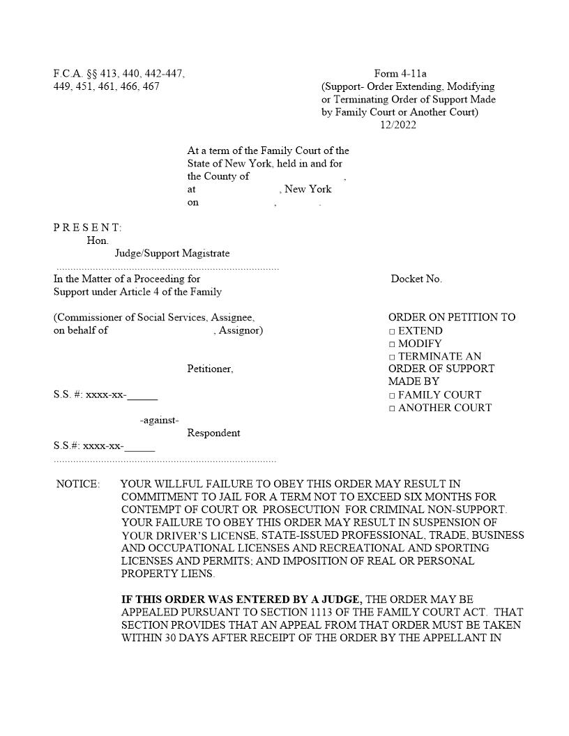 Order On Petition To Extend Modify Or Terminate Order Of Support {4-11a} | Pdf Fpdf Doc Docx | New York