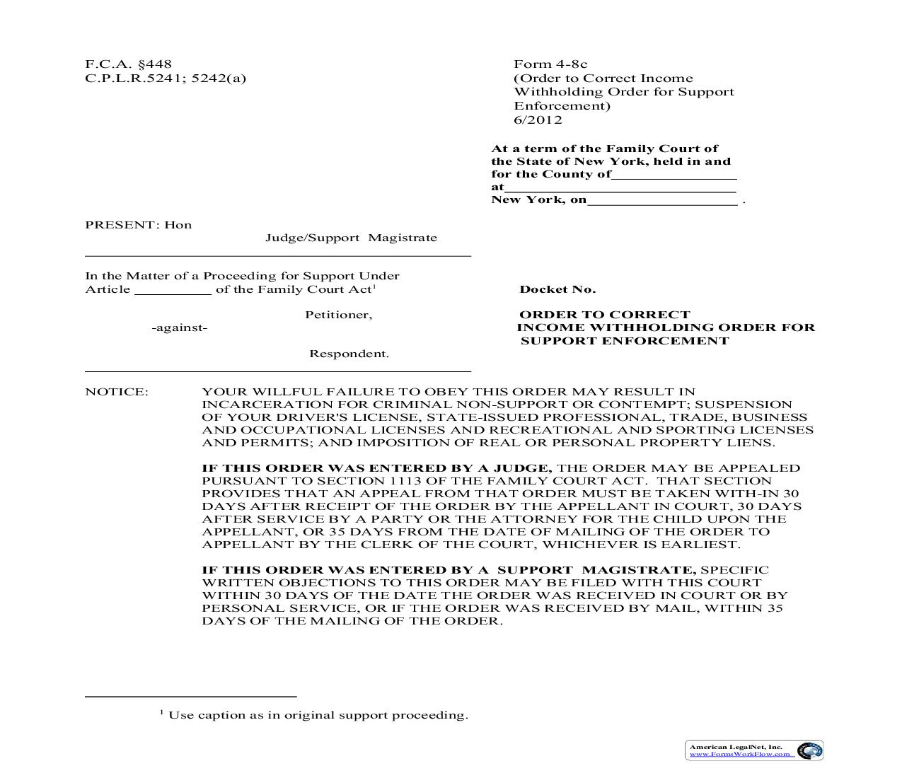 Order To Correct Income Execution For Support Enforcement {4-8c} | Pdf Fpdf Doc Docx | New York