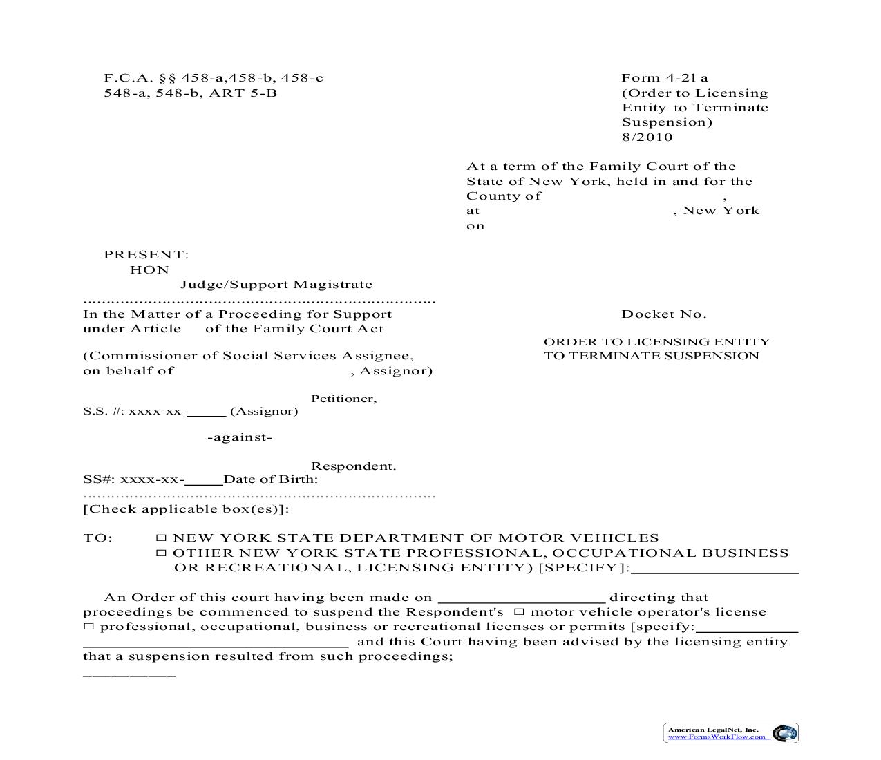Order To Licensing Entity To Terminate Suspension {4-21a} | Pdf Fpdf Doc Docx | New York