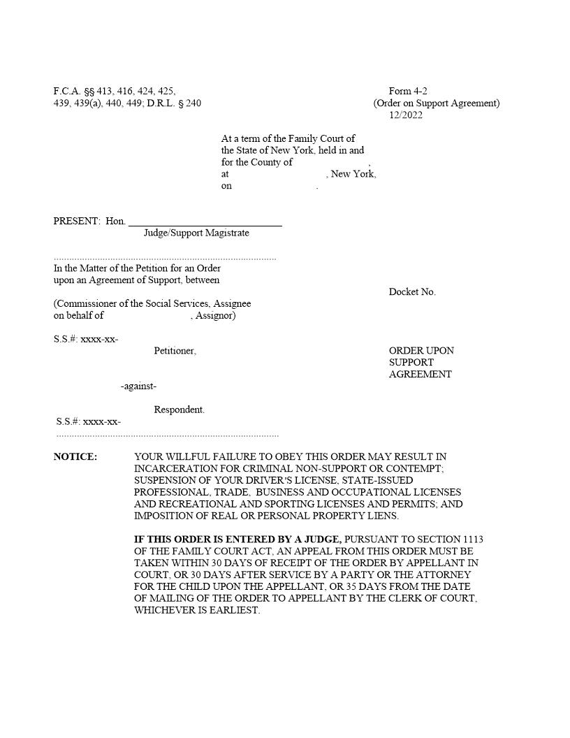 Order Upon Support Agreement {4-2} | Pdf Fpdf Doc Docx | New York