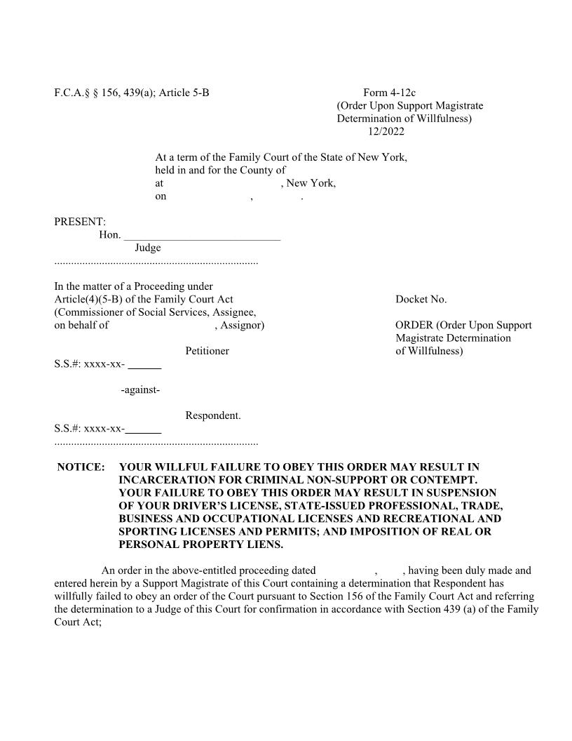 Order Upon Support Magistrate Determination Of Willfulness {4-12c} | Pdf Fpdf Doc Docx | New York