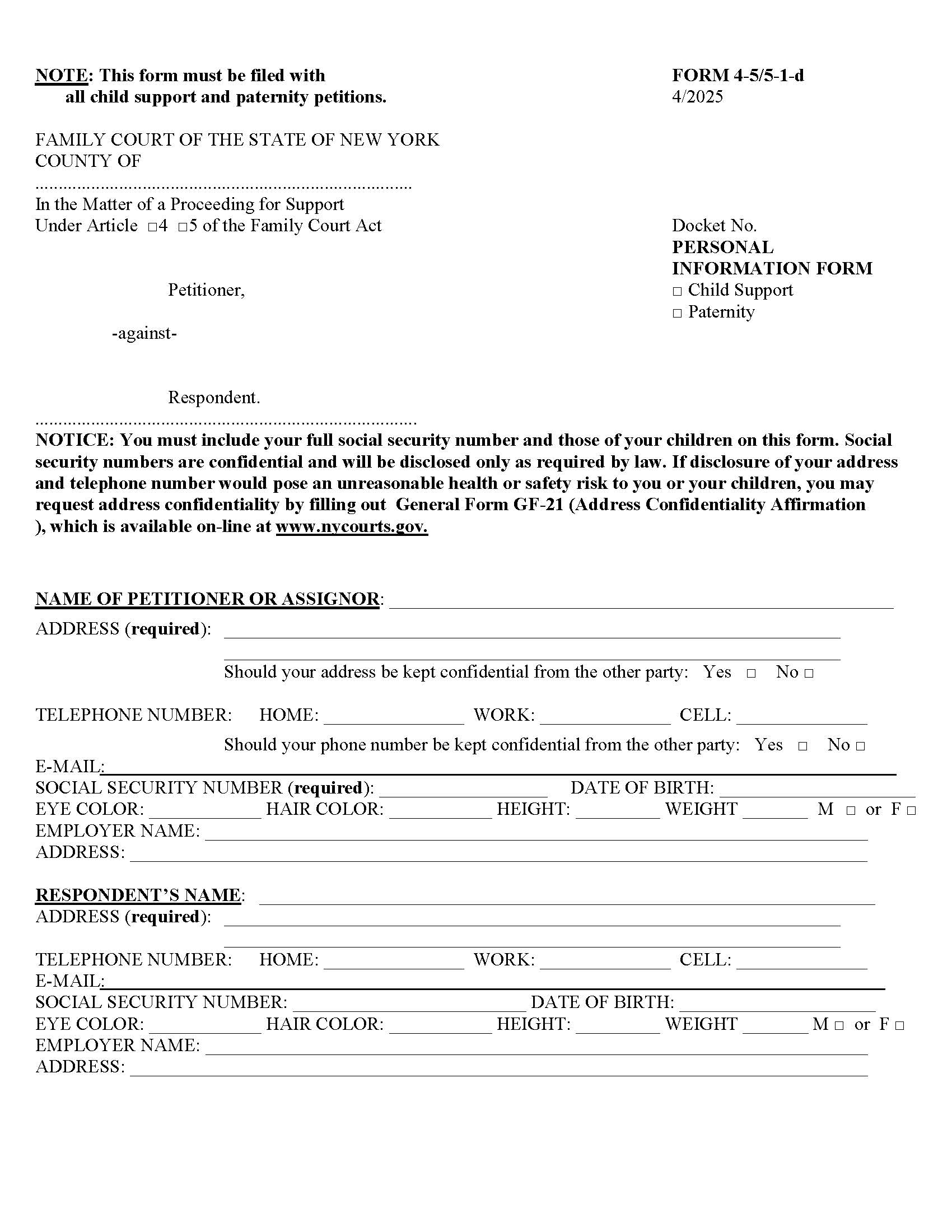 Personal Information Form (Child Support Or Paternity) {4-5 5-1-d} | Pdf Fpdf Doc Docx | New York