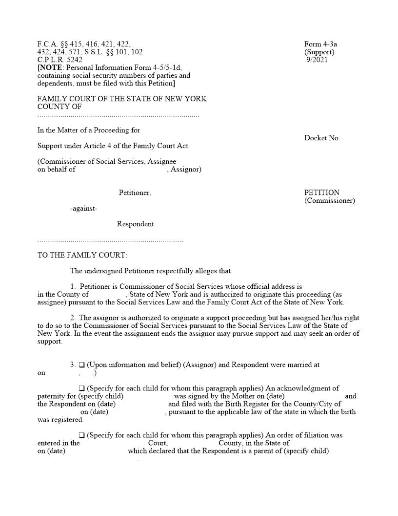 Petition (Support - Commissioner) {4-3a} | Pdf Fpdf Doc Docx | New York