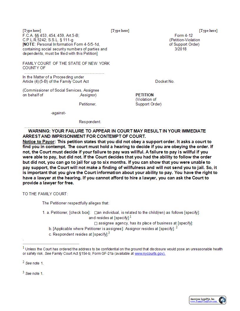 Petition (Violation Of Support Order) {4-12} | Pdf Fpdf Docx | New York