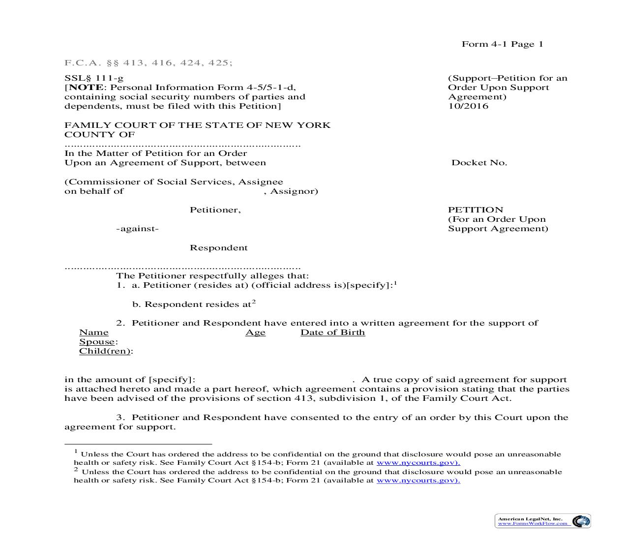 Petition For An Order Upon Support Agreement {4-1} | Pdf Fpdf Doc Docx | New York