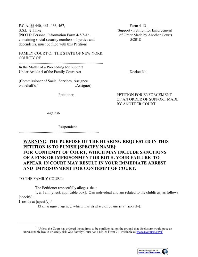 Petition For Enforcement Of Order Made By Another Court {4-13} | Pdf Fpdf Docx | New York
