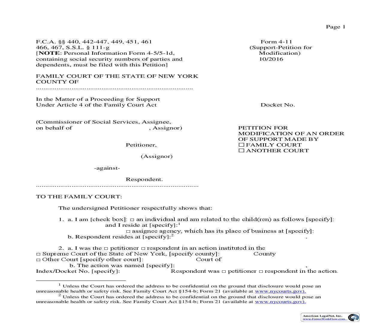 Petition For Modification Of Order Made By Family Court Or Another Court {4-11} | Pdf Fpdf Doc Docx | New York