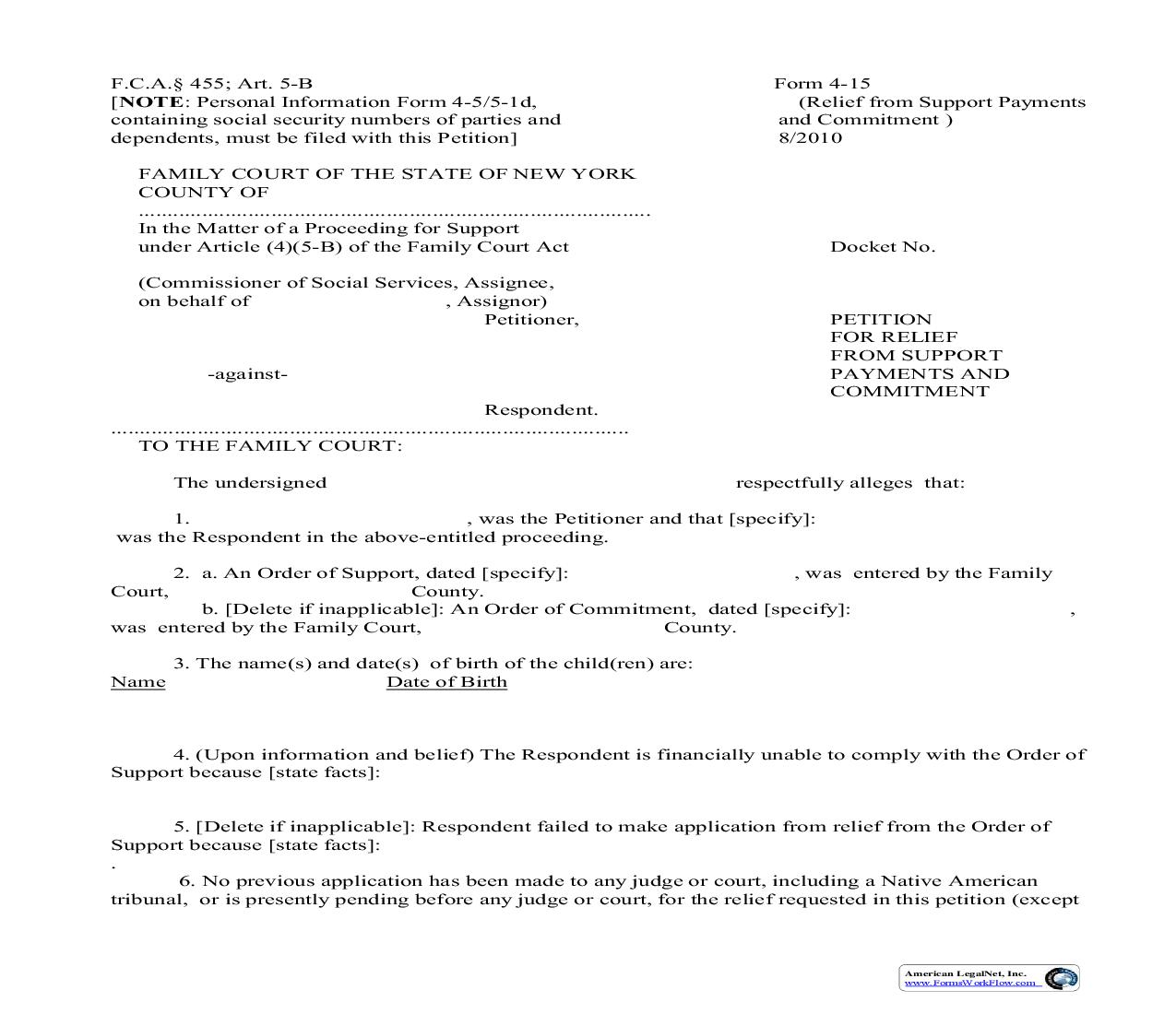 Petition For Relief From Support Payments And Commitment {4-15} | Pdf Fpdf Doc Docx | New York