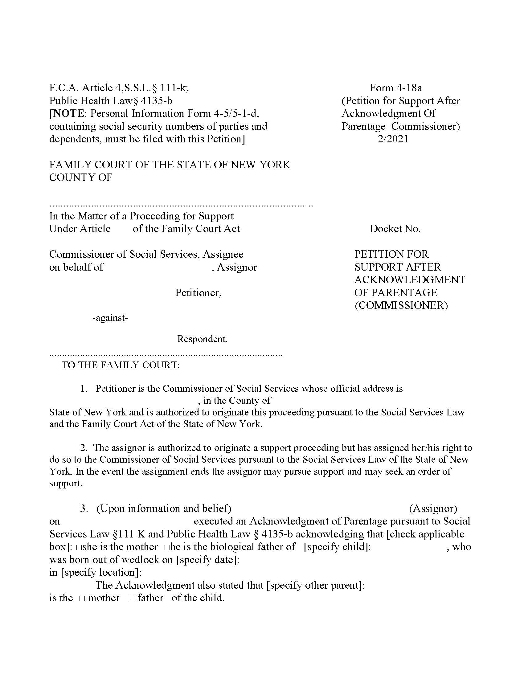 Petition For Support After Acknowledgment Of Parentage (Commissioner) {4-18a} | Pdf Fpdf Doc Docx | New York