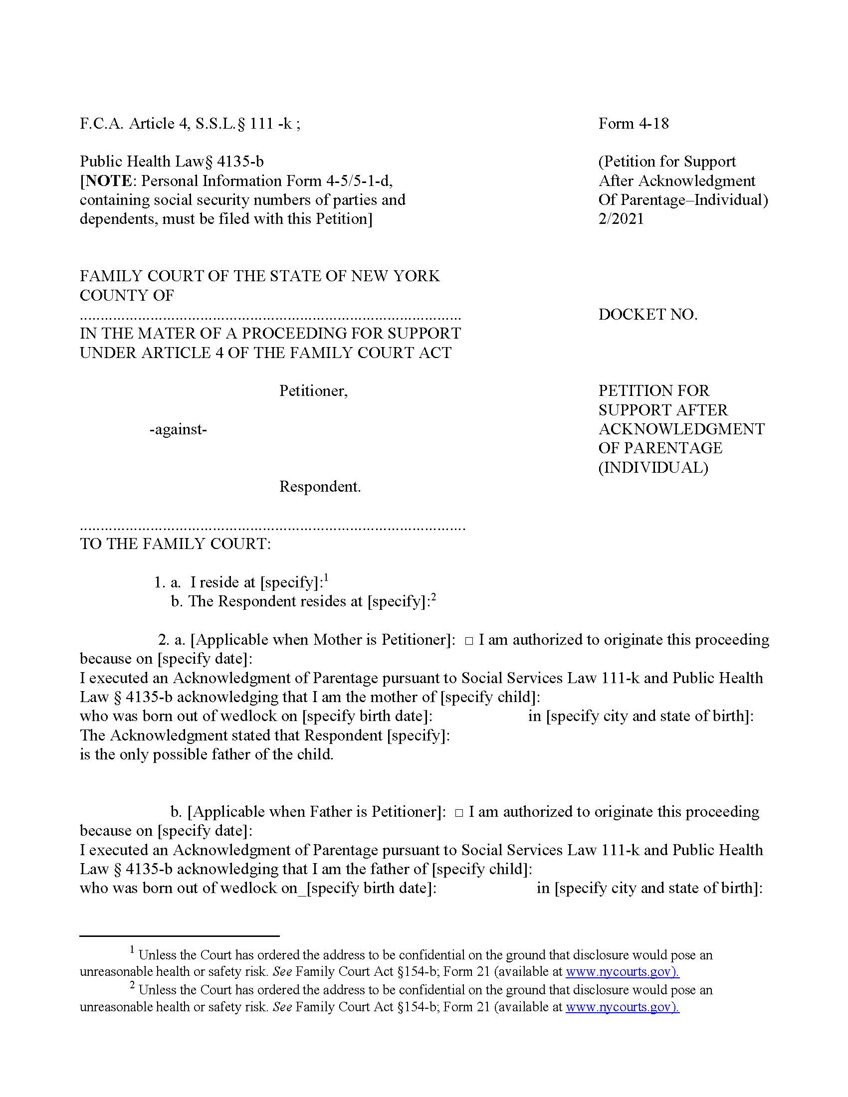 Petition For Support After Acknowledgment Of Parentage (Individual) {4-18} | Pdf Fpdf Doc Docx | New York