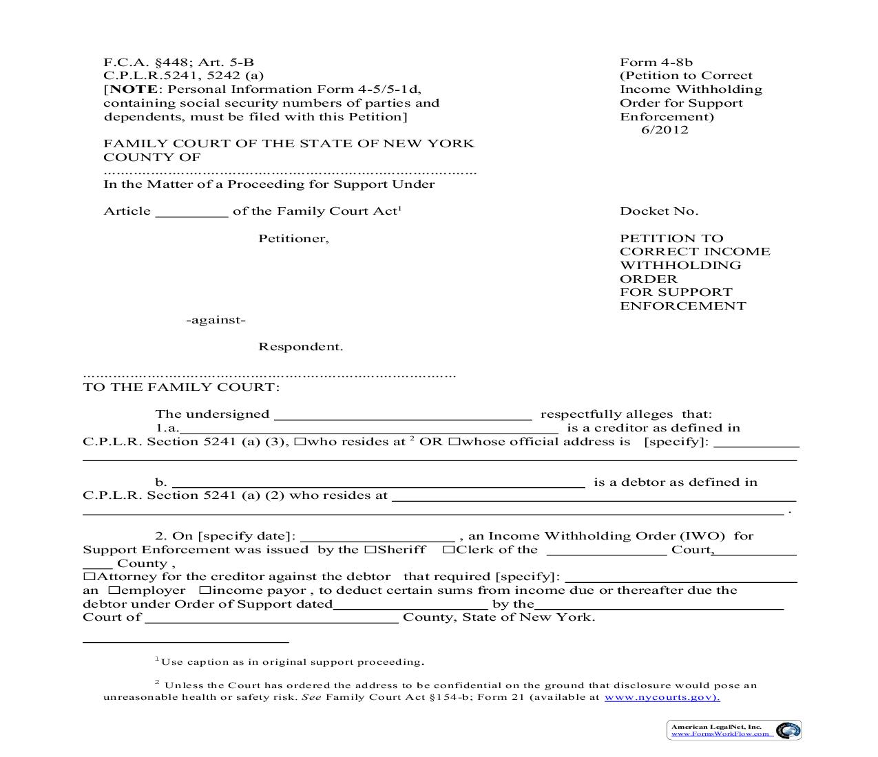 Petition To Correct Income Execution For Support Enforcement {4-8b} | Pdf Fpdf Doc Docx | New York