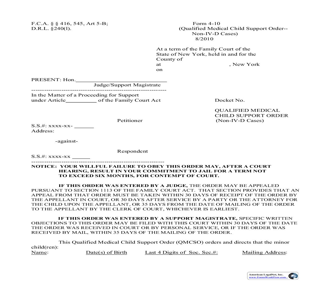 Qualified Medical Child Support Order (Non IV D Cases) {4-10} | Pdf Fpdf Doc Docx | New York