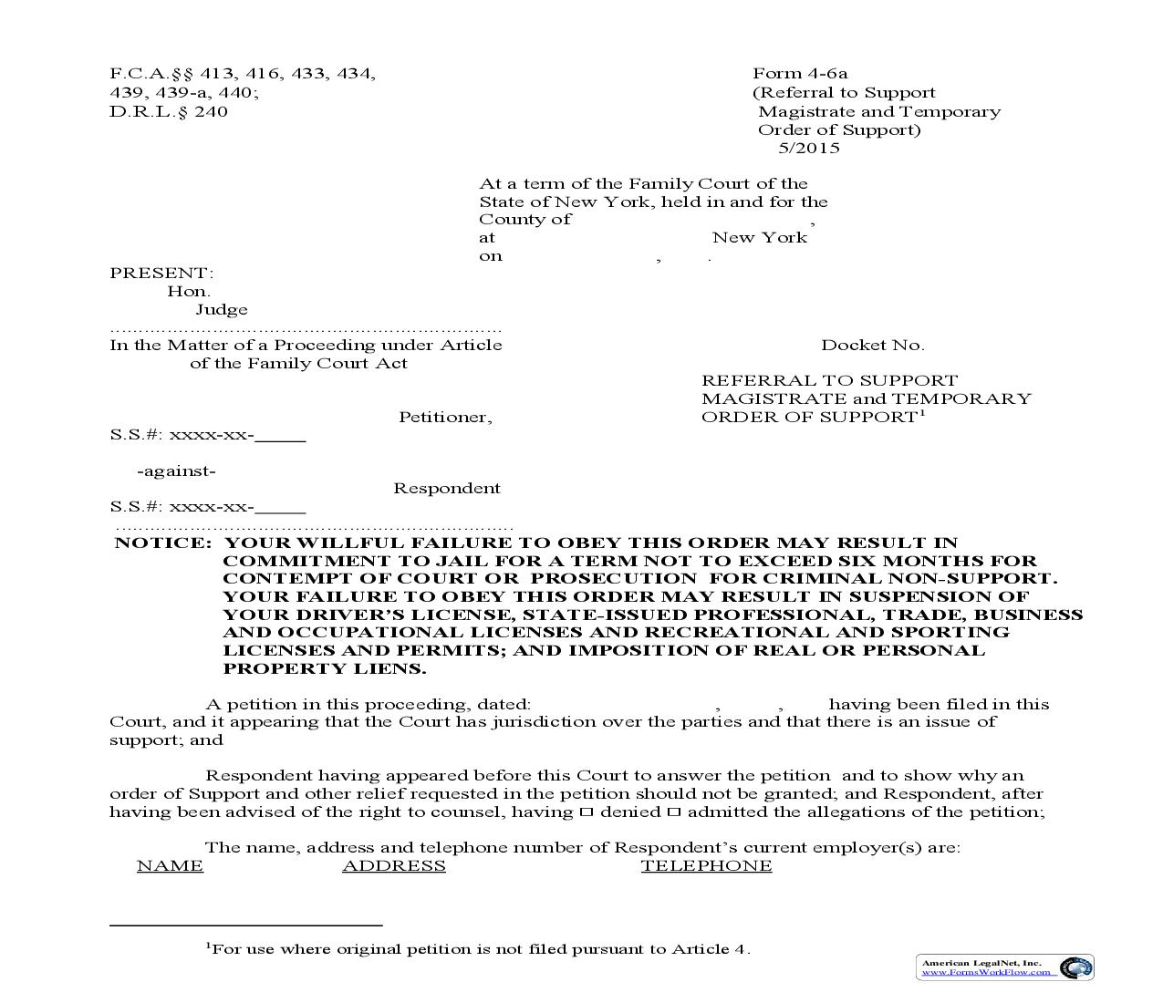 Referral To Support Magistrate And Temporary Order Of Support {4-6a} | Pdf Fpdf Doc Docx | New York