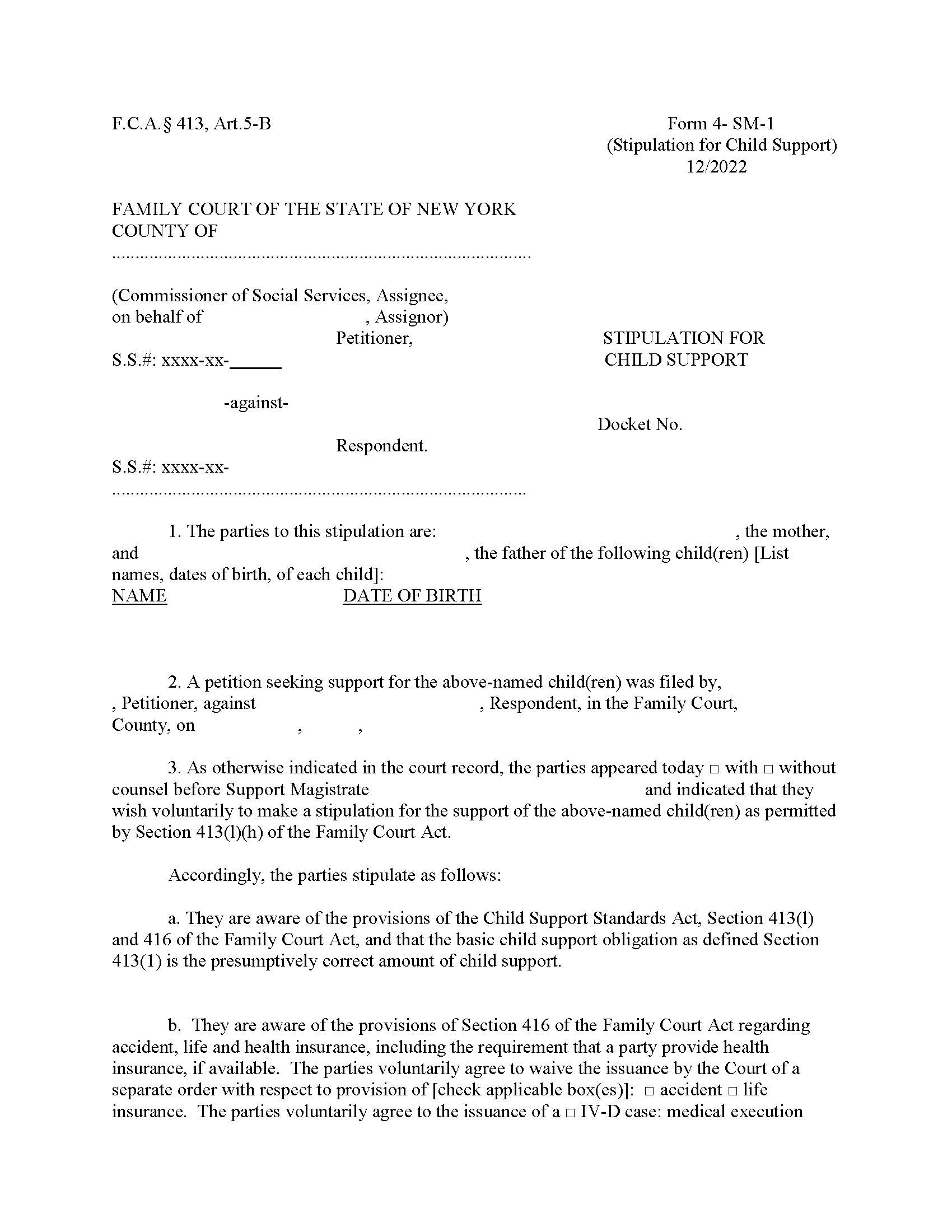 Stipulation For Child Support {4-SM-1} | Pdf Fpdf Doc Docx | New York