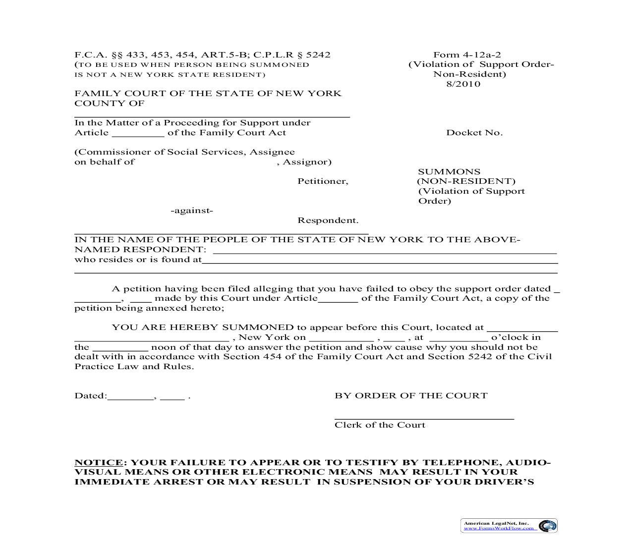 Summons Non Resident Violation Of Support Order {4-12a-2} | Pdf Fpdf Doc Docx | New York