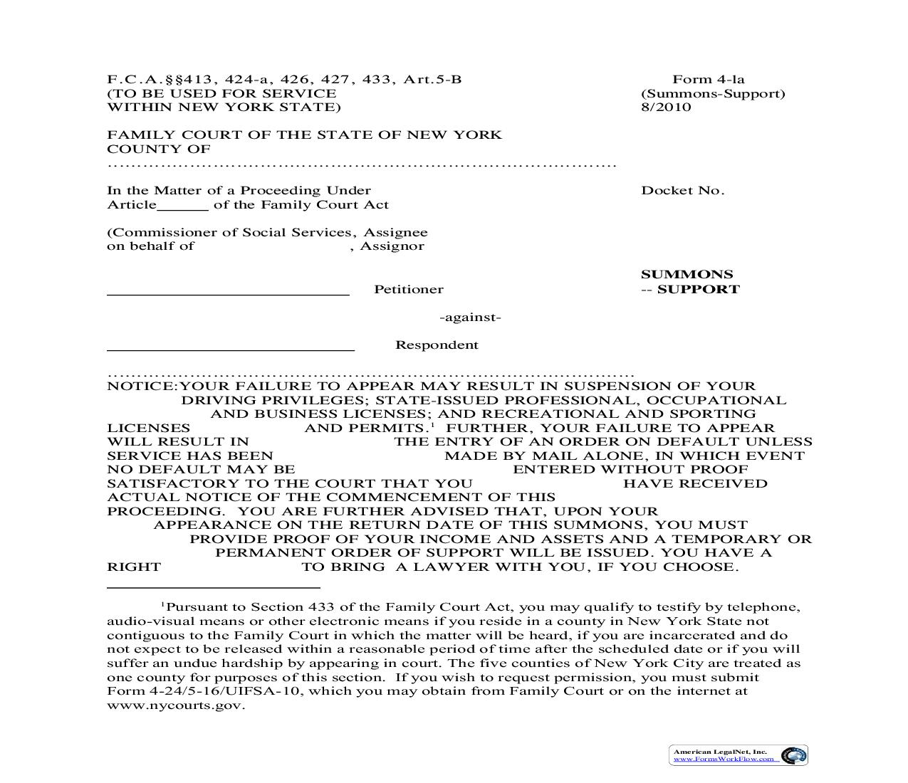 Summons Support {4-1a} | Pdf Fpdf Doc Docx | New York