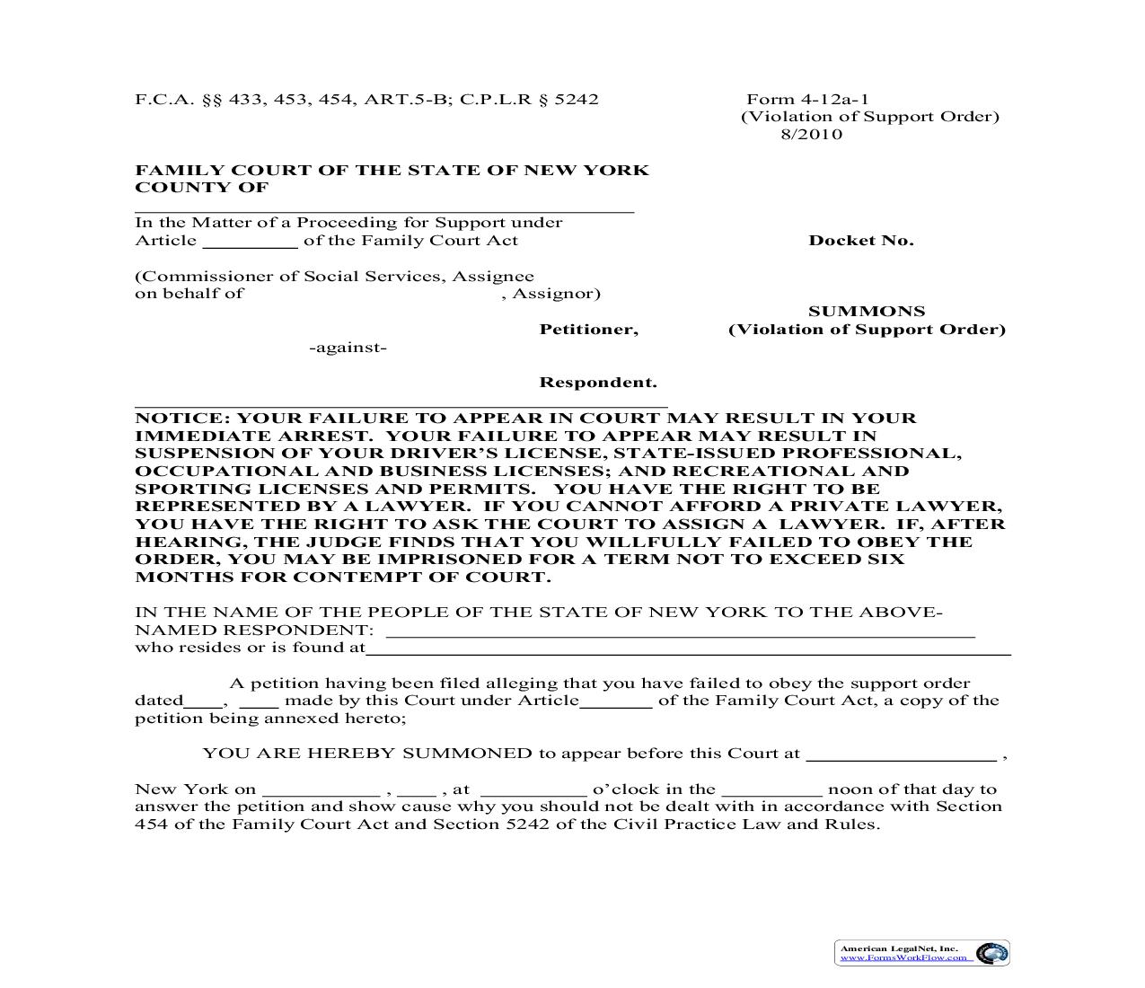 Summons Violation Of Support Order {4-12a-1} | Pdf Fpdf Doc Docx | New York