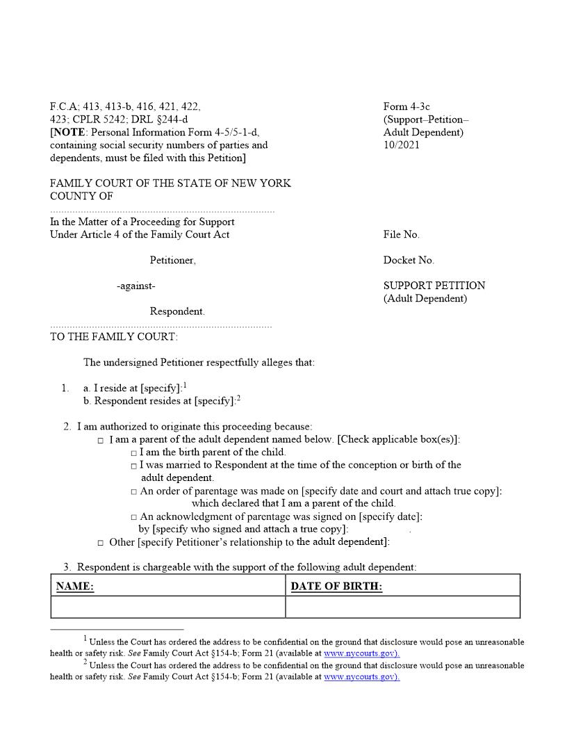 Support Petition (Adult Dependent) {4-3c} | Pdf Fpdf Docx | New York
