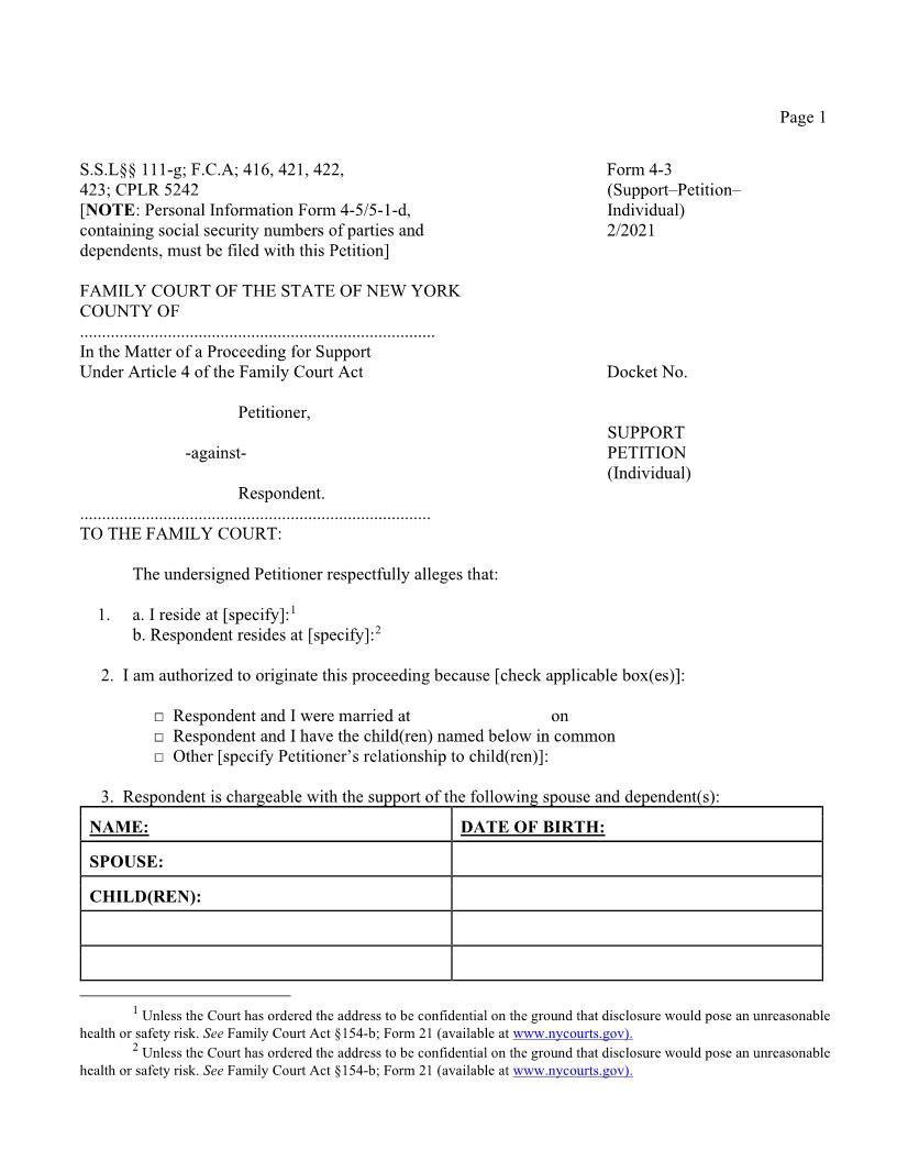 Support Petition (Individual) {4-3} | Pdf Fpdf Doc Docx | New York