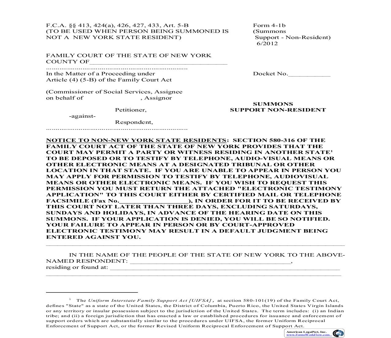 Support Summons Non-Resident {4-1b} | Pdf Fpdf Doc Docx | New York