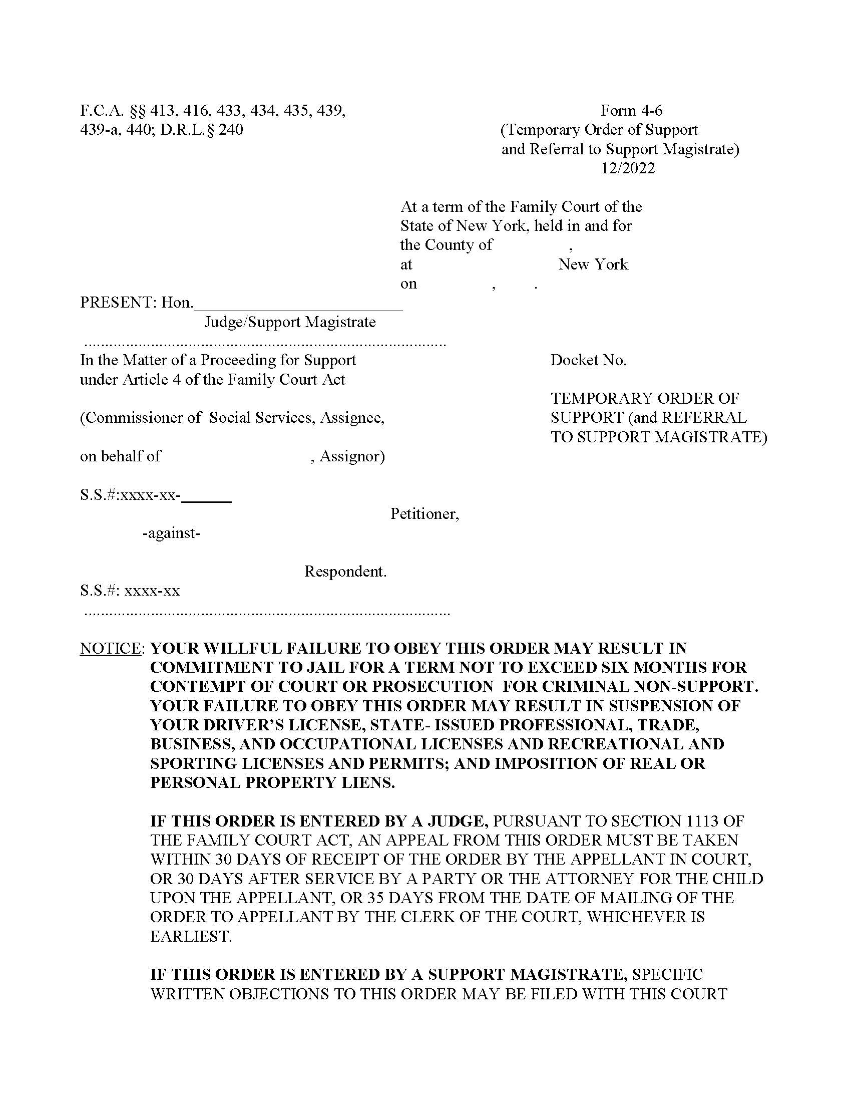 Temporary Order Of Support (And Referral To Support Magistrate) {4-6} | Pdf Fpdf Doc Docx | New York