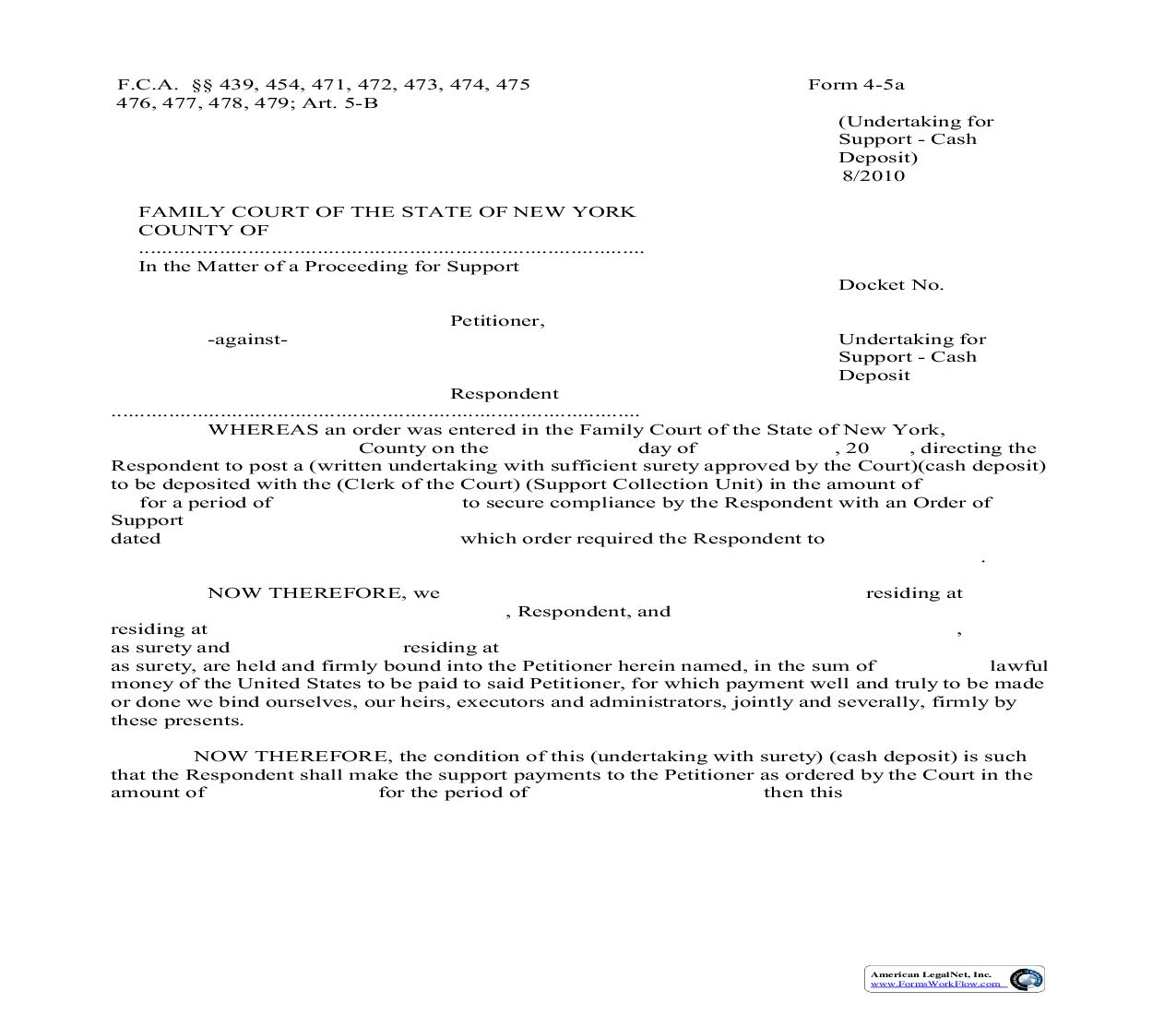 Undertaking For Support Cash Deposit {4-5a} | Pdf Fpdf Doc Docx | New York