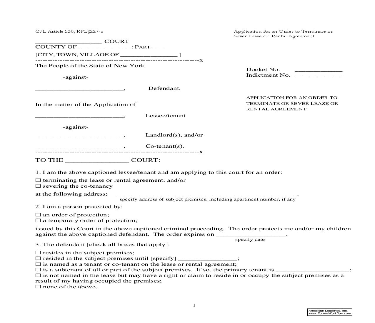 Application For Order To Terminate Or Sever Lease Or Rental Agreement | Pdf Fpdf Doc Docx | New York