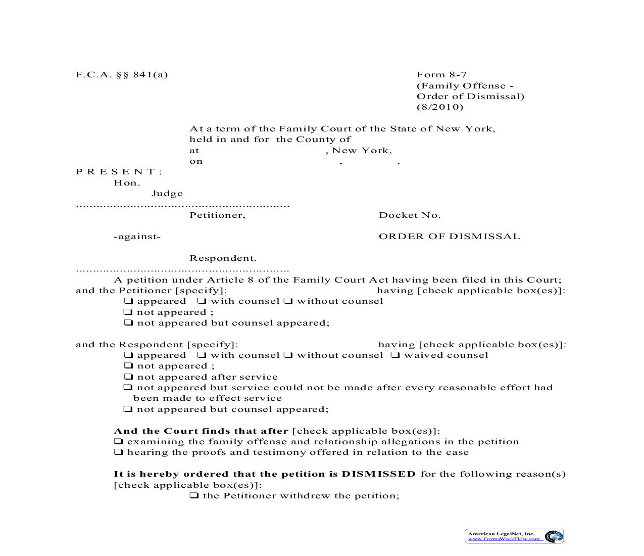 Family Offense Order Of Dismissal {8-7} | Pdf Fpdf Doc Docx | New York