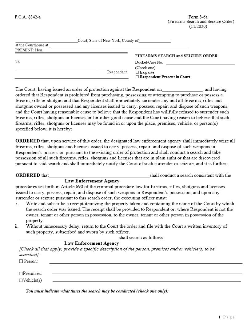Firearms Search And Seizure Order {8-6a} | Pdf Fpdf Docx | New York
