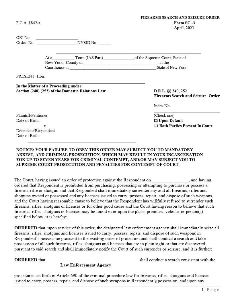 Firearms Search And Seizure Order (S 240 252 Domestic Relations Law) {SC-3} | Pdf Fpdf Docx | New York