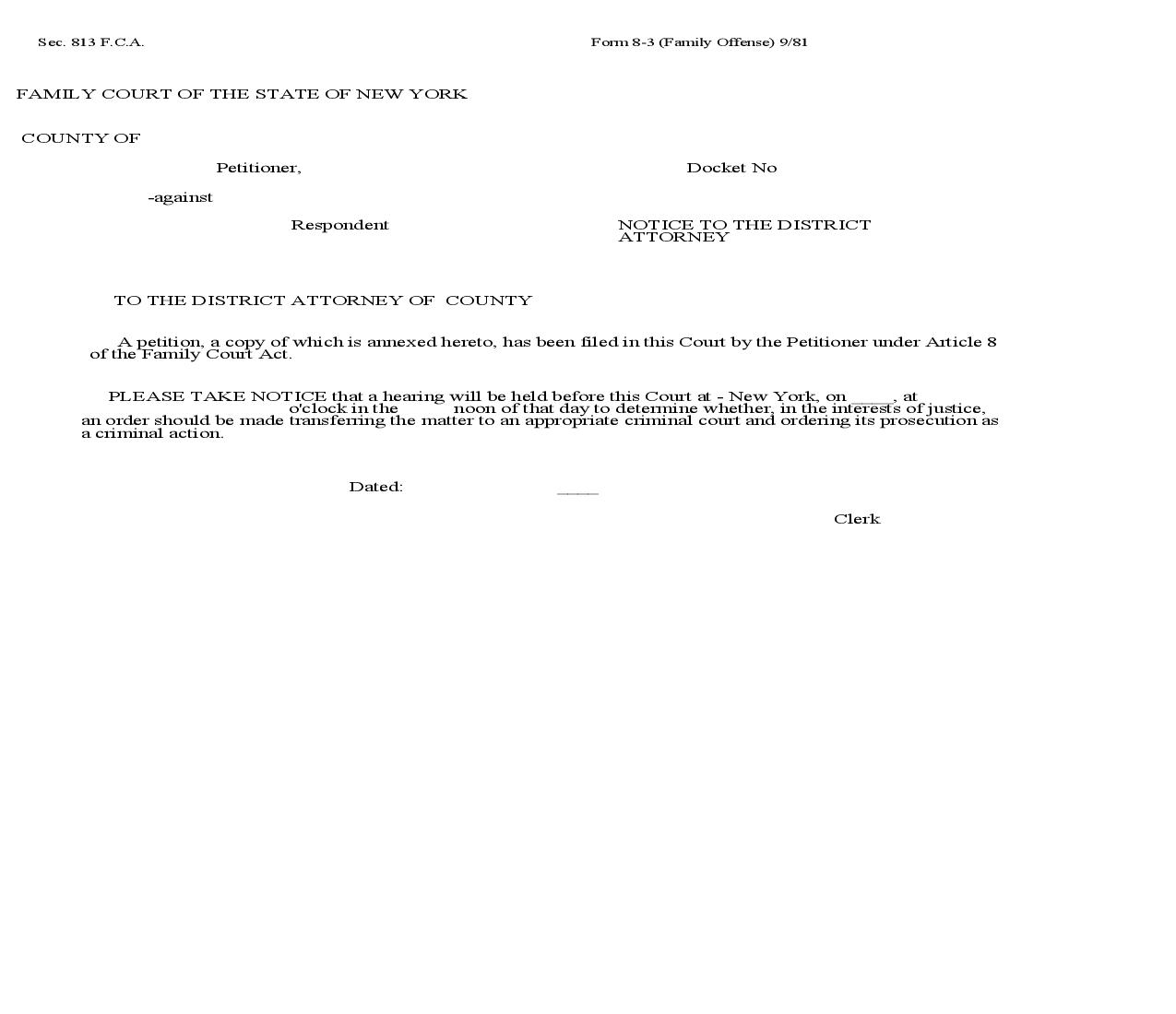 Notice To District Attorney (Family Offense) {8-3} | Pdf Fpdf Doc Docx | New York