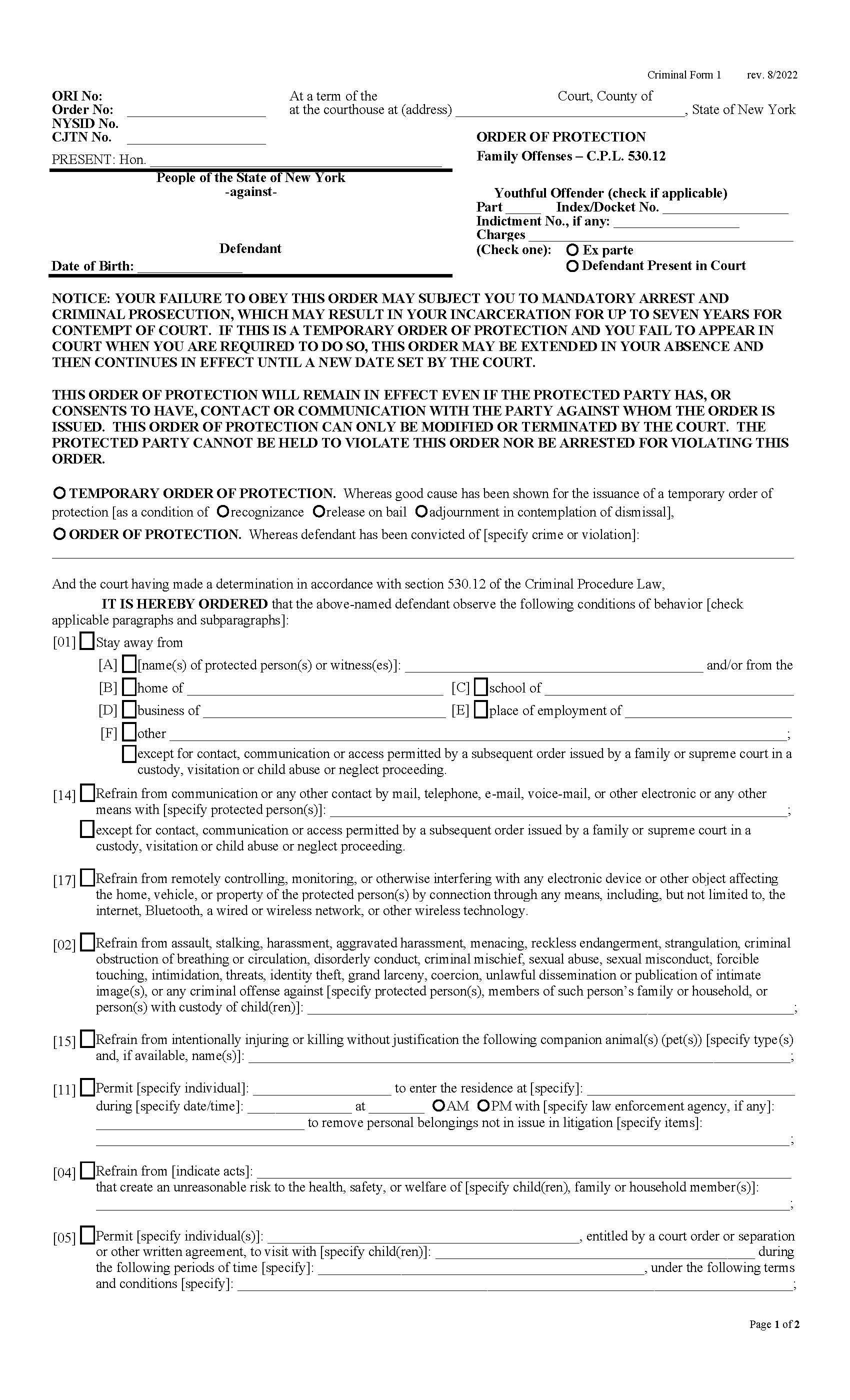 Order Of Protection (Family Offenses CPL 530.12) {CRIM-1} | Pdf Fpdf Docx | New York