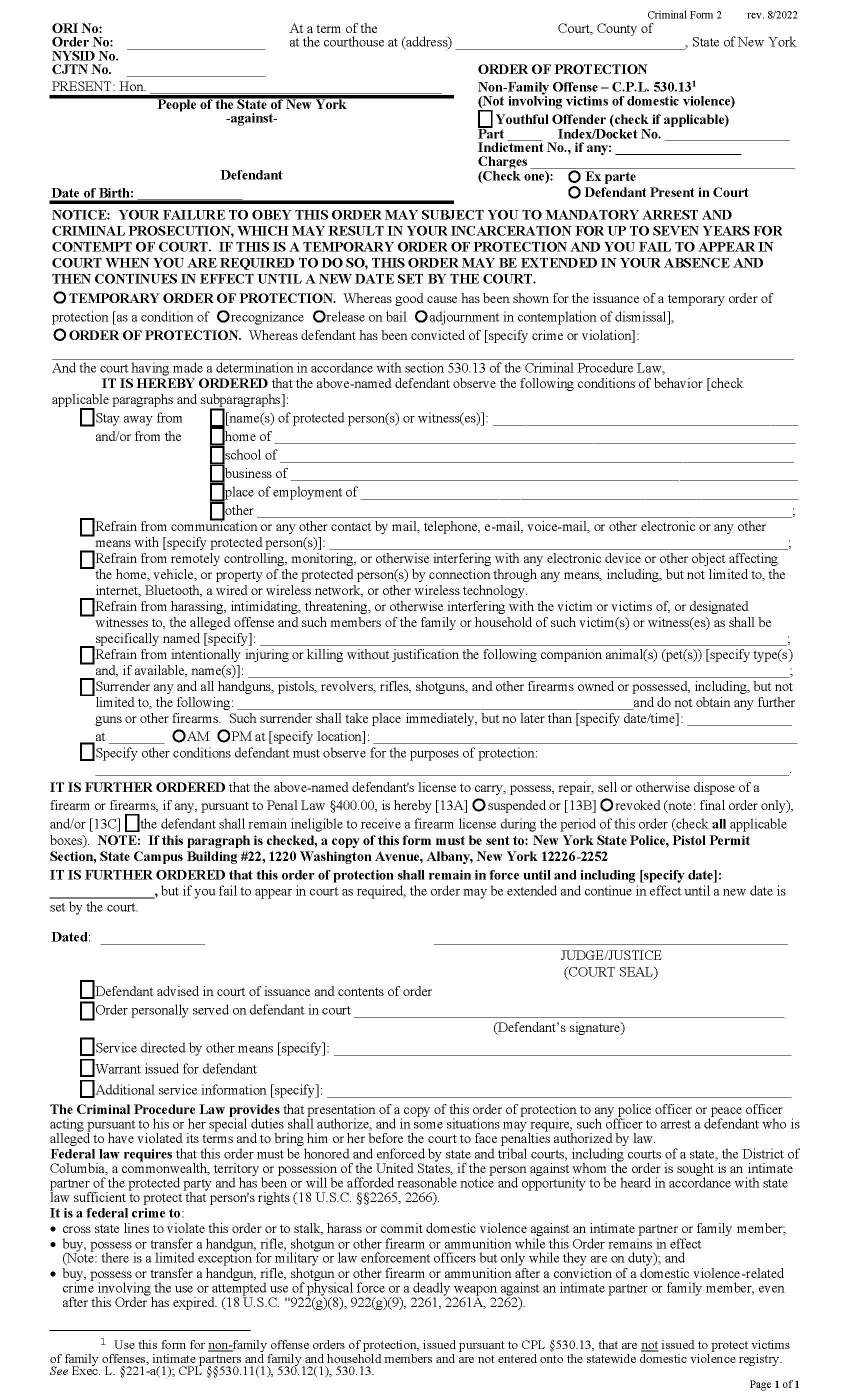 Order Of Protection (Non-Family Offense - No Victims Of DV) {CRIM-2} | Pdf Fpdf Doc Docx | New York