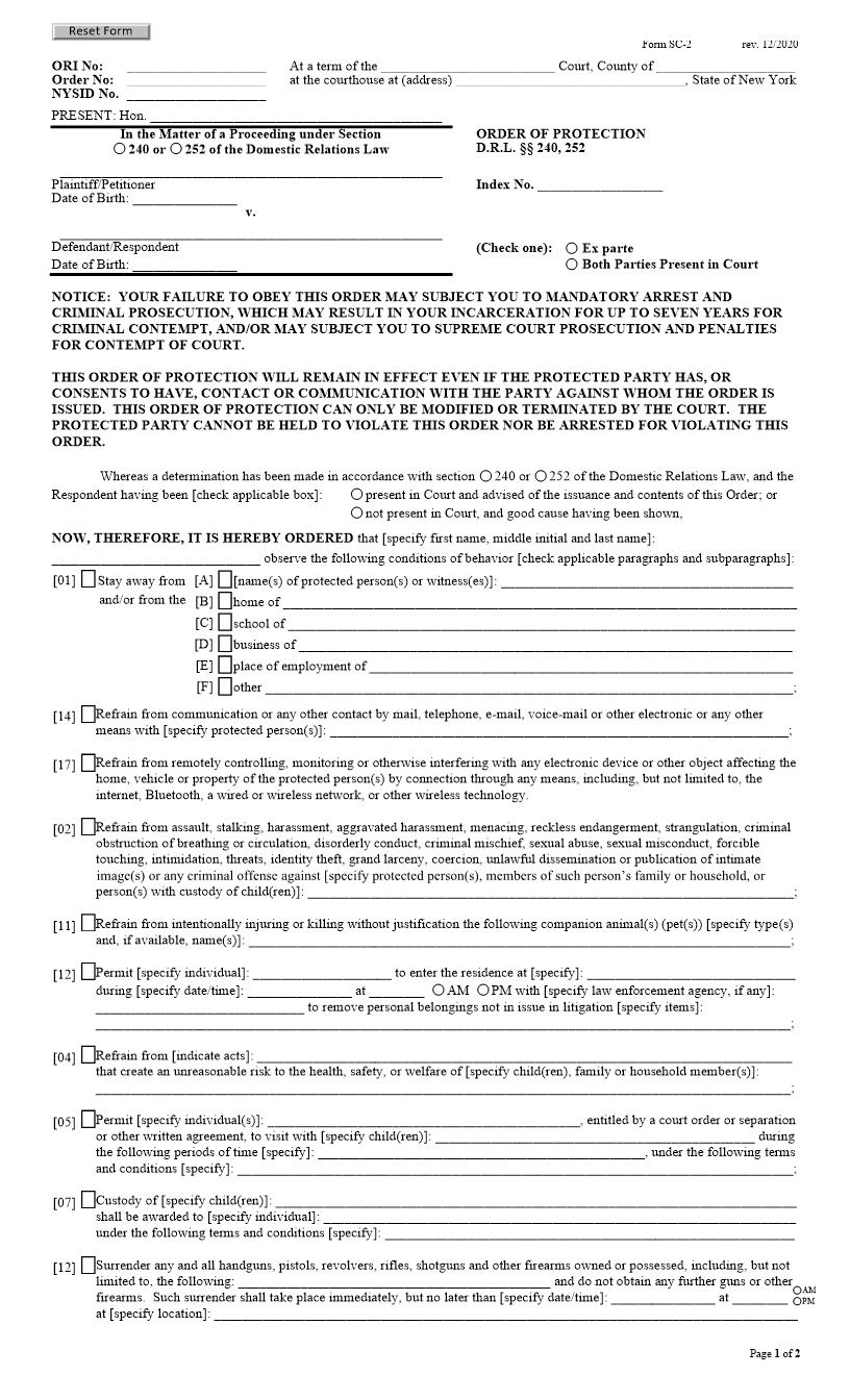 Order Of Protection (Supreme Court) {SC-2} | Pdf Fpdf Doc Docx | New York